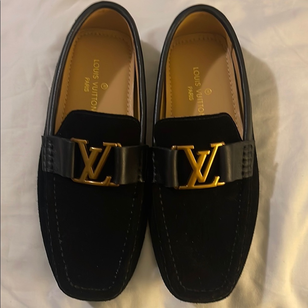 Louis Vuitton Black and Gold Suede Loafers with LV Logo